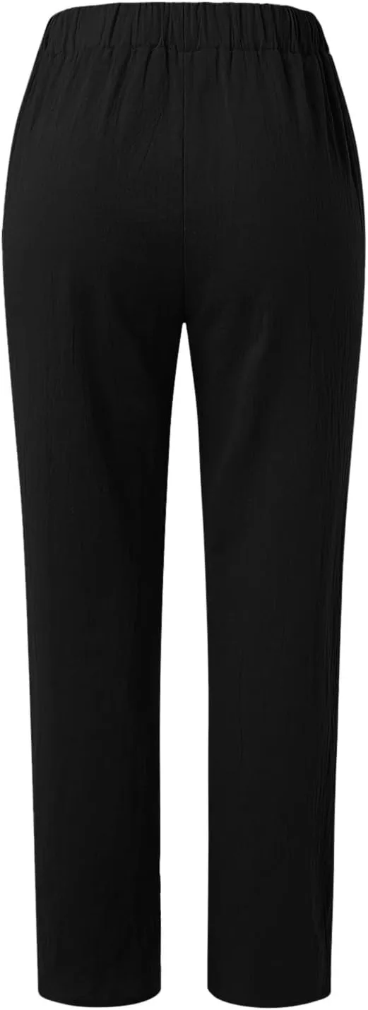 Women's Cotton Linen Pants 2025 Summer Casual Loose Elastic High Waisted Wide Leg Beach Trousers with Pockets
