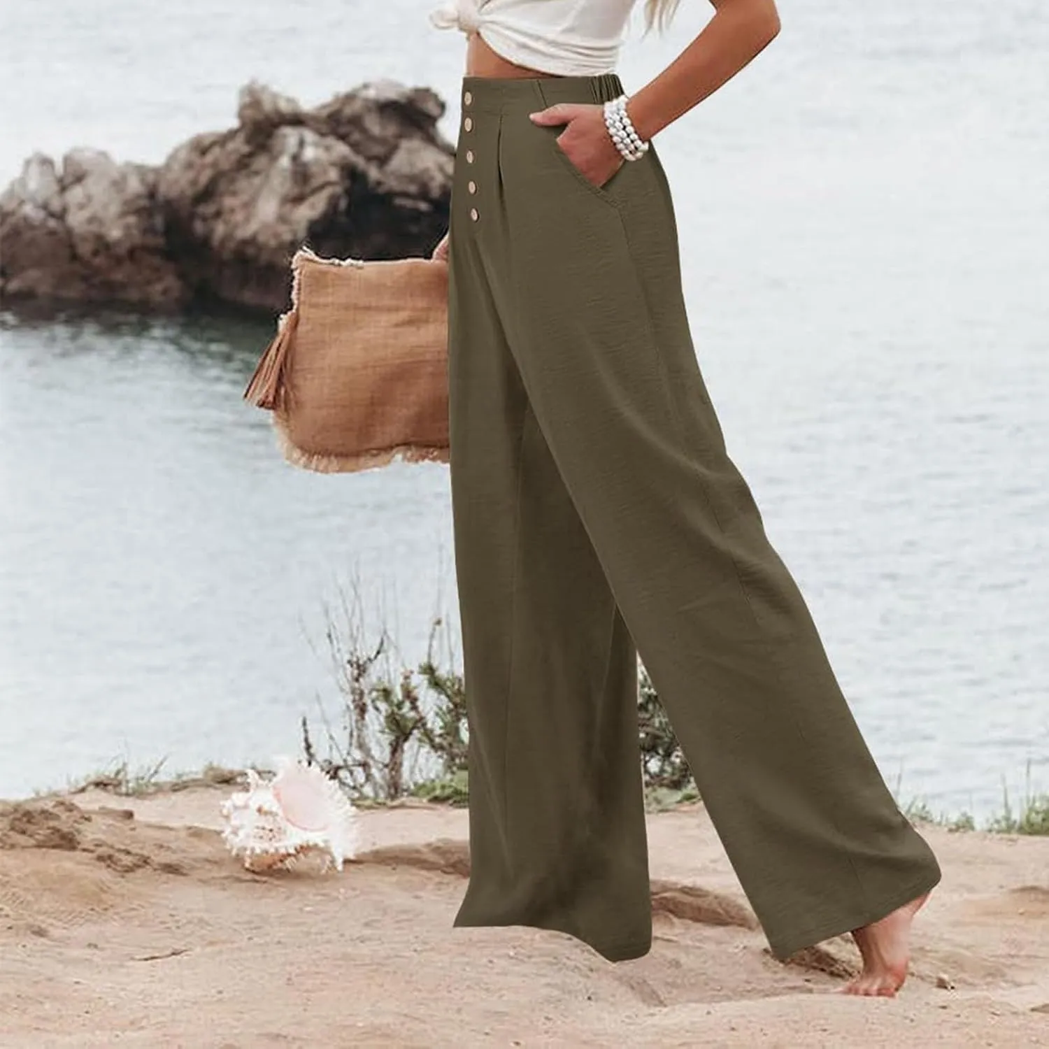 Women's Cotton Linen Pants Casual High Elastic Waisted Wide Leg Pants with Pocket Summer Loose Button Trousers