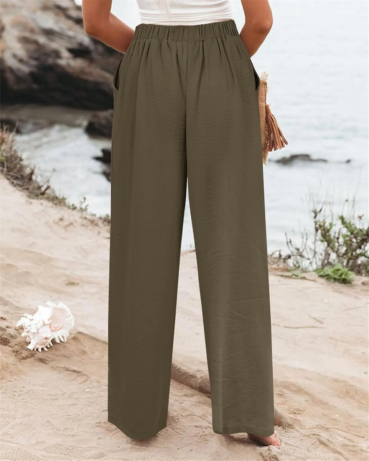 Women's Cotton Linen Pants Casual High Elastic Waisted Wide Leg Pants with Pocket Summer Loose Button Trousers