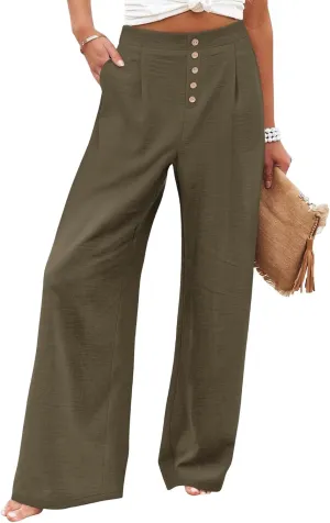 Women's Cotton Linen Pants Casual High Elastic Waisted Wide Leg Pants with Pocket Summer Loose Button Trousers