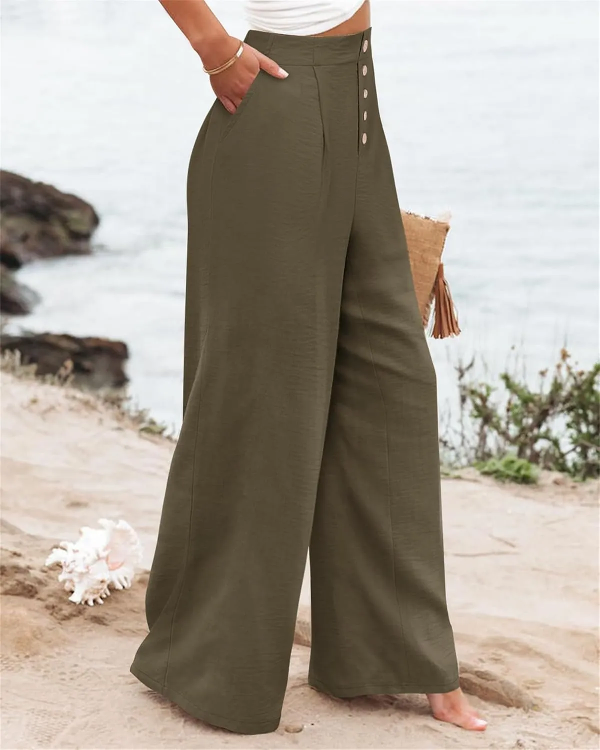 Women's Cotton Linen Pants Casual High Elastic Waisted Wide Leg Pants with Pocket Summer Loose Button Trousers