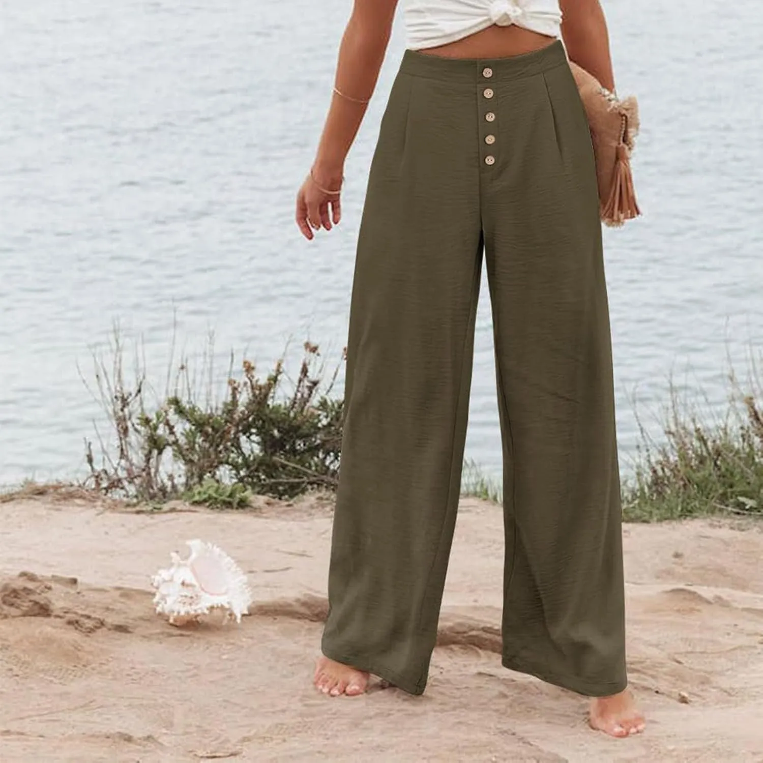 Women's Cotton Linen Pants Casual High Elastic Waisted Wide Leg Pants with Pocket Summer Loose Button Trousers