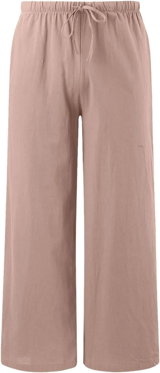Women's Cotton Linen Pants Elastic High Waist Wide Leg Drawstring Lounge Pants Stretchy Casual Loose Summer Trousers