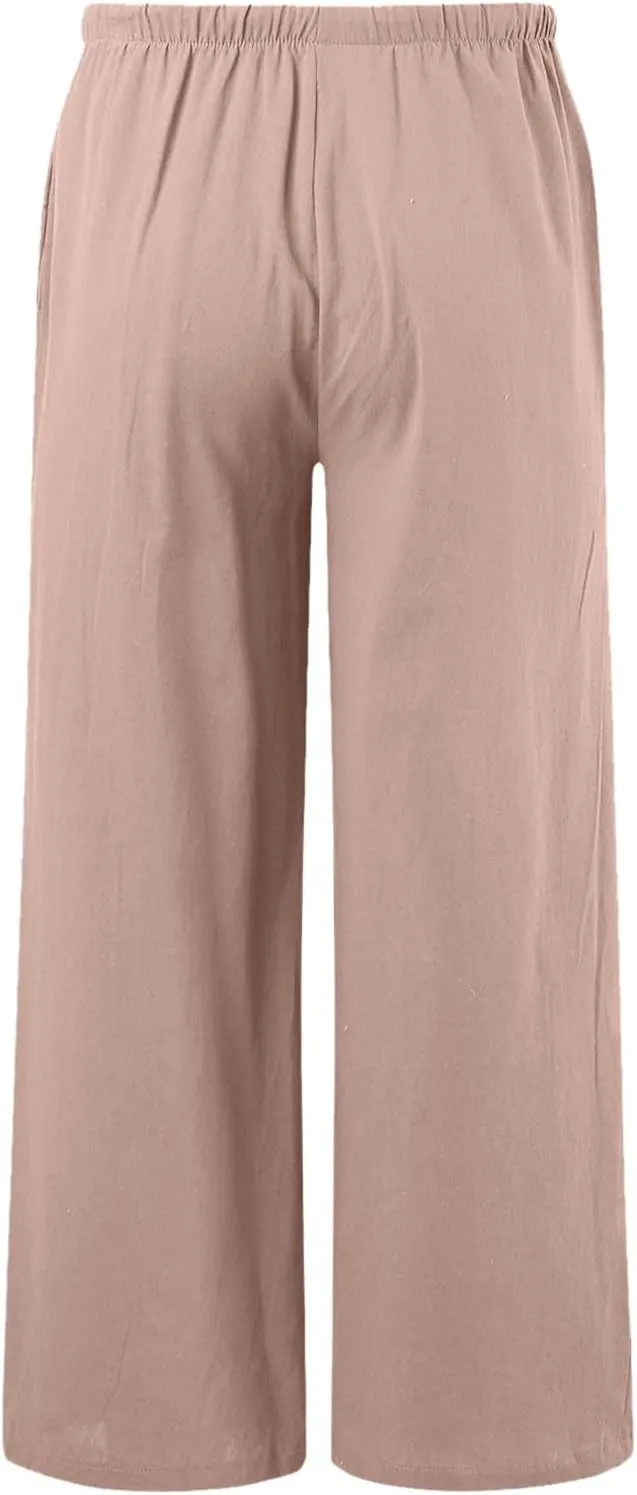 Women's Cotton Linen Pants Elastic High Waist Wide Leg Drawstring Lounge Pants Stretchy Casual Loose Summer Trousers