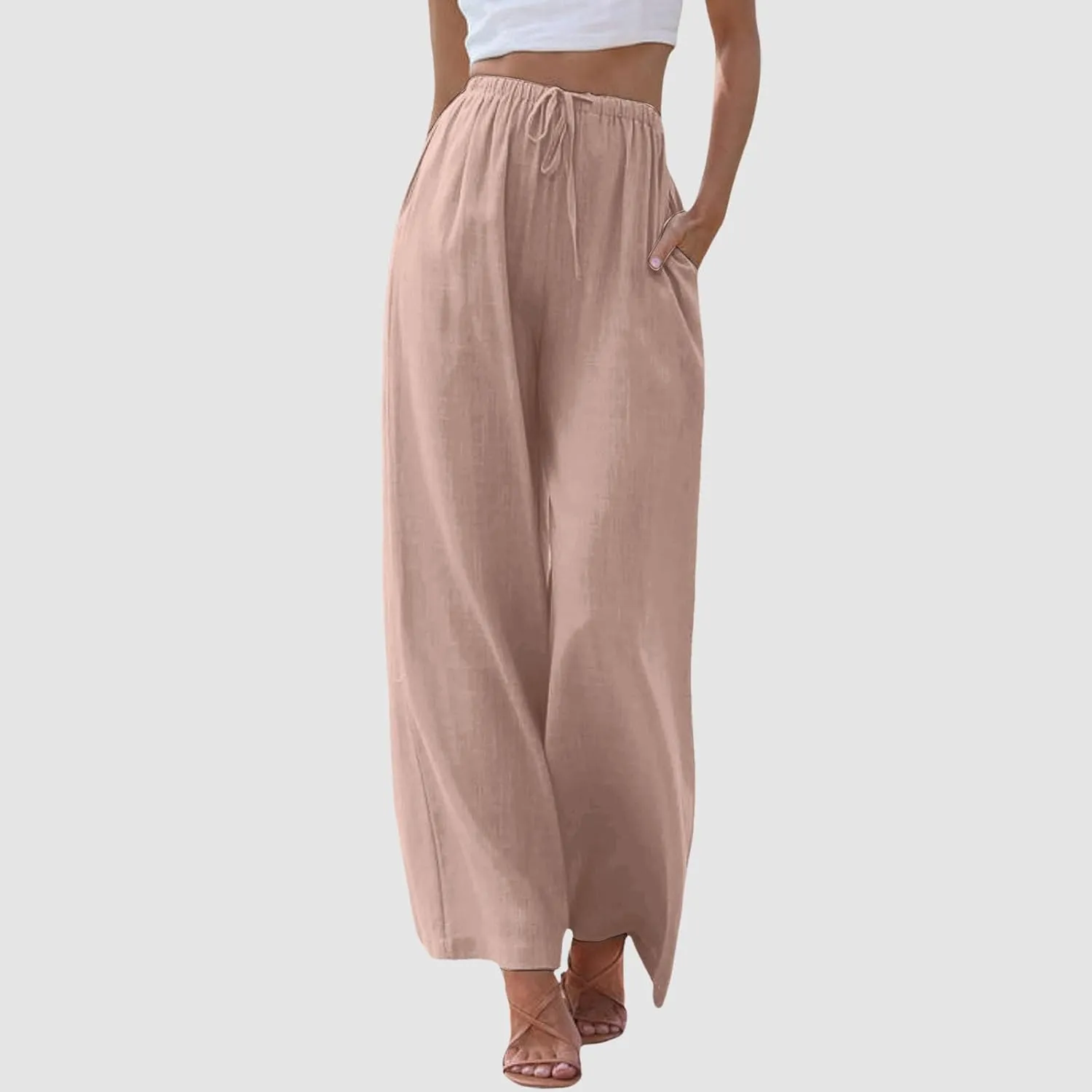 Women's Cotton Linen Pants Elastic High Waist Wide Leg Drawstring Lounge Pants Stretchy Casual Loose Summer Trousers