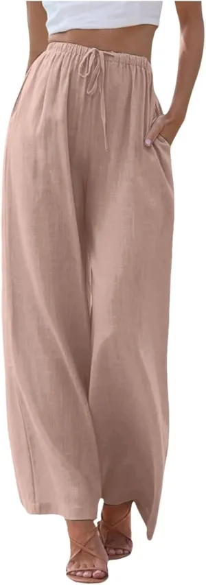 Women's Cotton Linen Pants Elastic High Waist Wide Leg Drawstring Lounge Pants Stretchy Casual Loose Summer Trousers