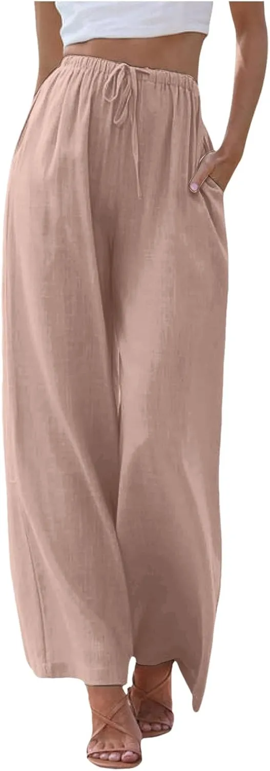 Women's Cotton Linen Pants Elastic High Waist Wide Leg Drawstring Lounge Pants Stretchy Casual Loose Summer Trousers