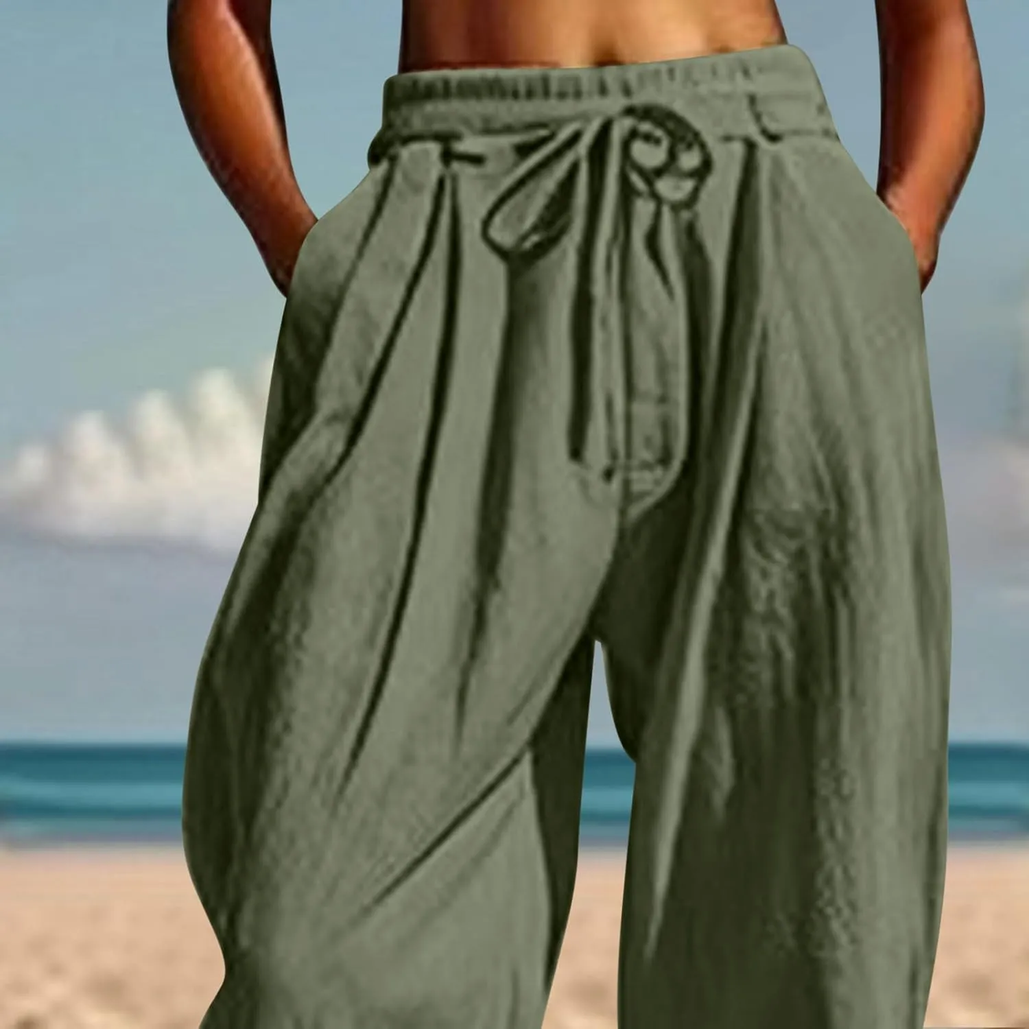 Womens Cotton Linen Pants Patch Pockets Tapered Leg Elastic Waist Long Pant Casual Lightweight Beach Cropped Trousers