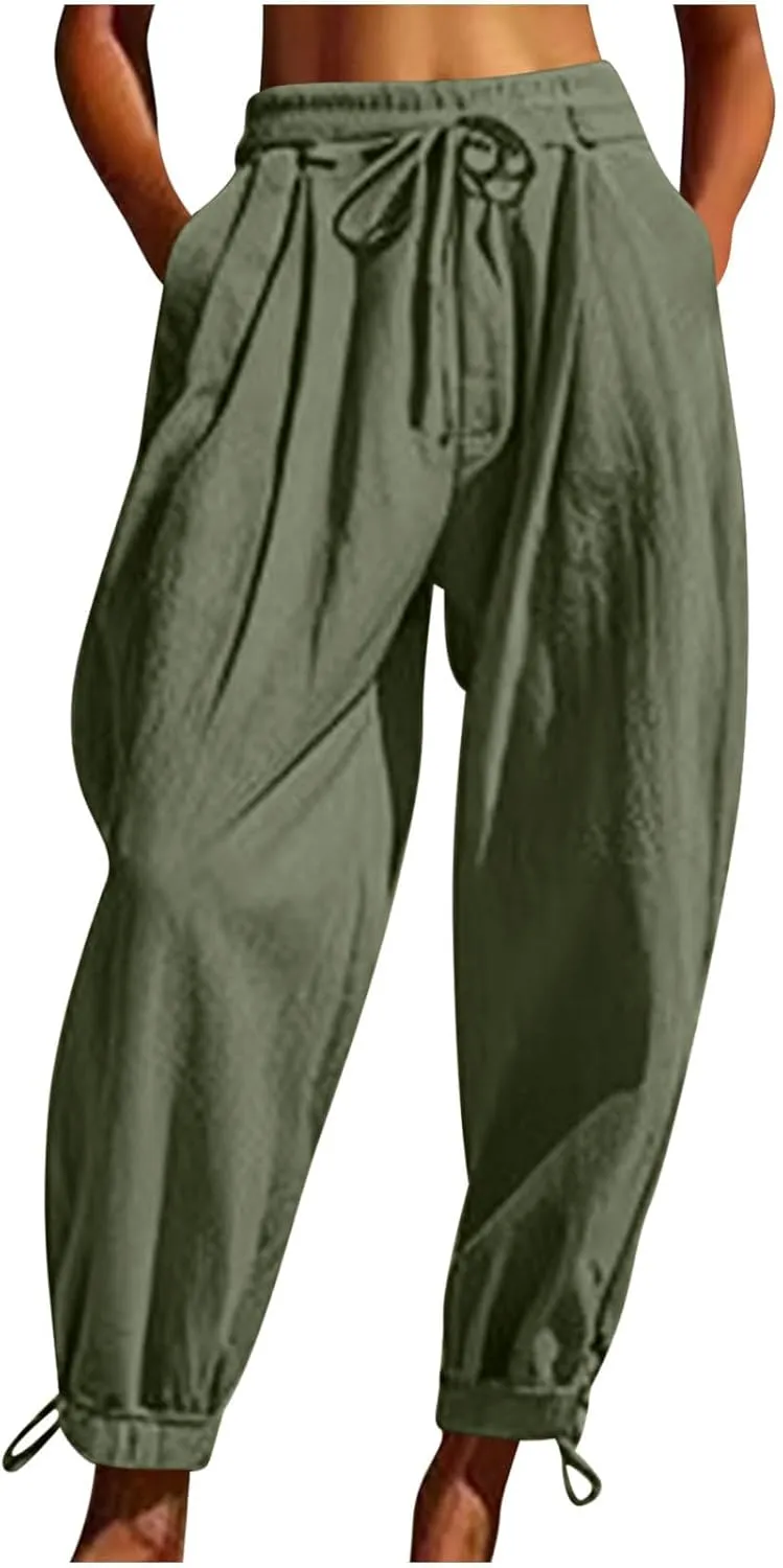 Womens Cotton Linen Pants Patch Pockets Tapered Leg Elastic Waist Long Pant Casual Lightweight Beach Cropped Trousers