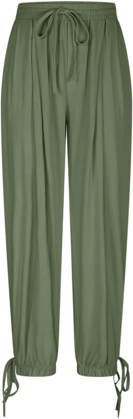 Womens Cotton Linen Pants Patch Pockets Tapered Leg Elastic Waist Long Pant Casual Lightweight Beach Cropped Trousers
