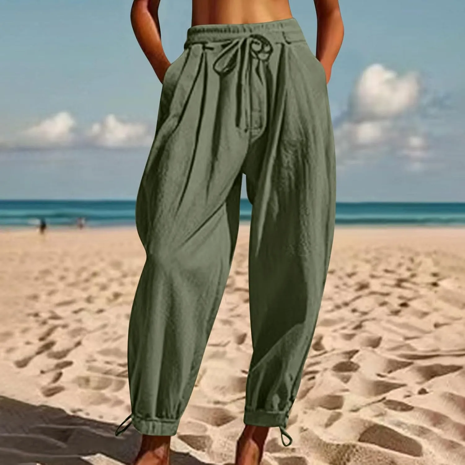 Womens Cotton Linen Pants Patch Pockets Tapered Leg Elastic Waist Long Pant Casual Lightweight Beach Cropped Trousers