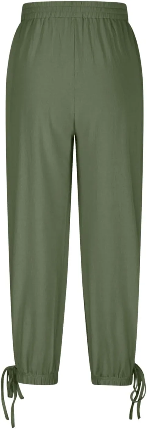 Womens Cotton Linen Pants Patch Pockets Tapered Leg Elastic Waist Long Pant Casual Lightweight Beach Cropped Trousers