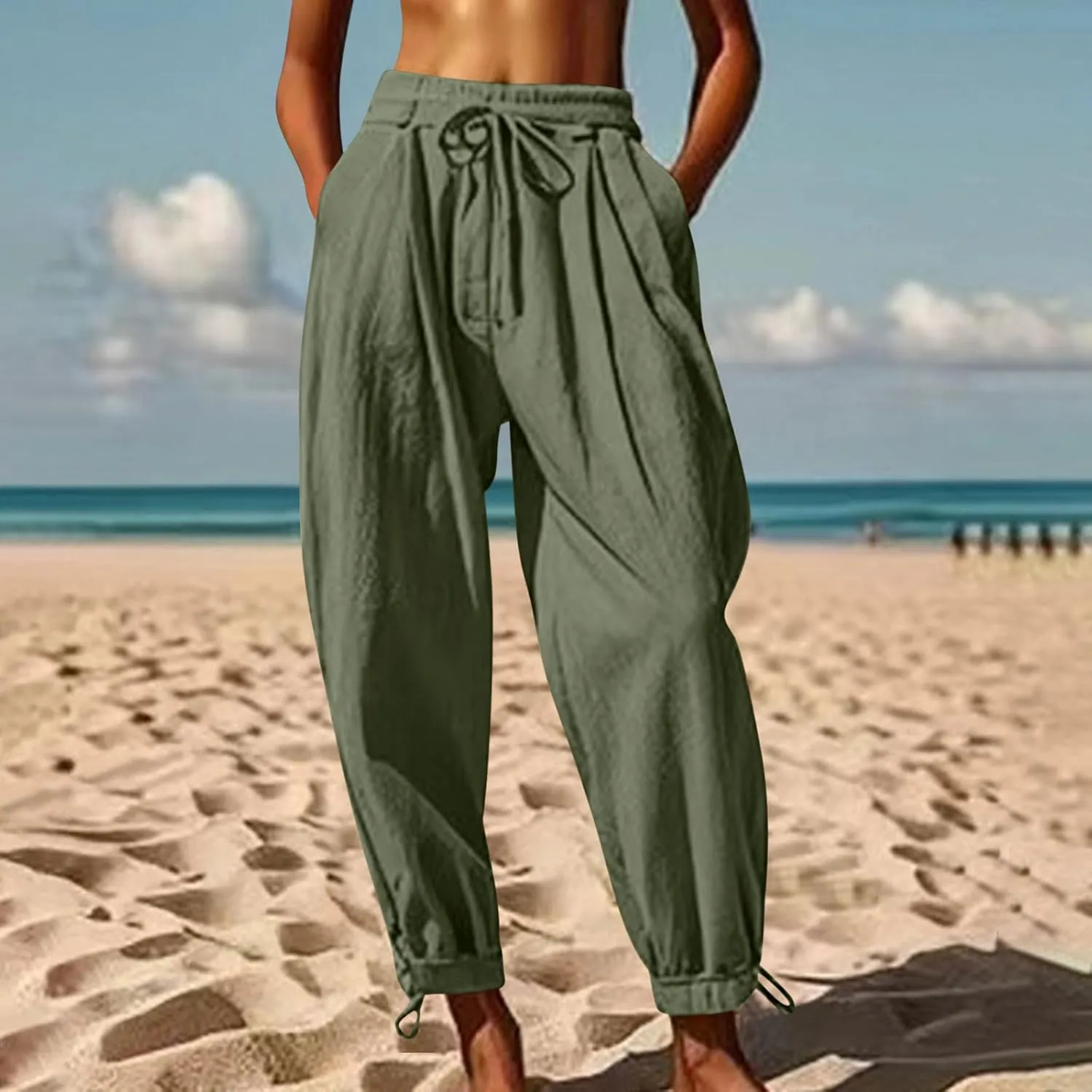 Womens Cotton Linen Pants Patch Pockets Tapered Leg Elastic Waist Long Pant Casual Lightweight Beach Cropped Trousers