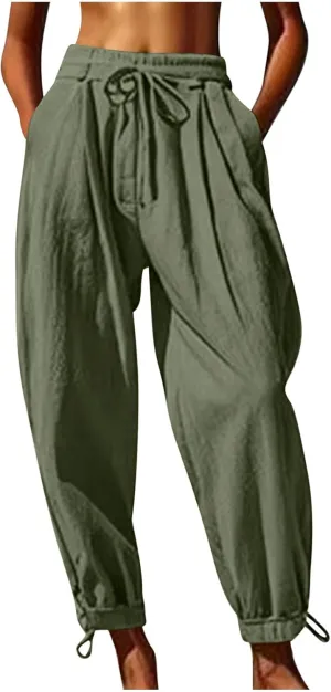 Womens Cotton Linen Pants Patch Pockets Tapered Leg Elastic Waist Long Pant Casual Lightweight Beach Cropped Trousers