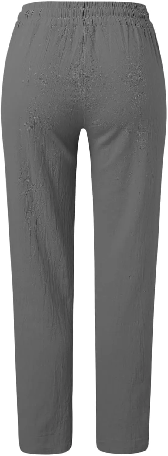 Women's Cotton Linen Pants Straight Leg Solid Lightweight Lounge Pant Casual Baggy Comfy Summer Trousers with Pockets