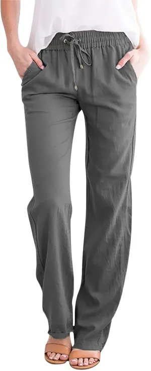 Women's Cotton Linen Pants Straight Leg Solid Lightweight Lounge Pant Casual Baggy Comfy Summer Trousers with Pockets