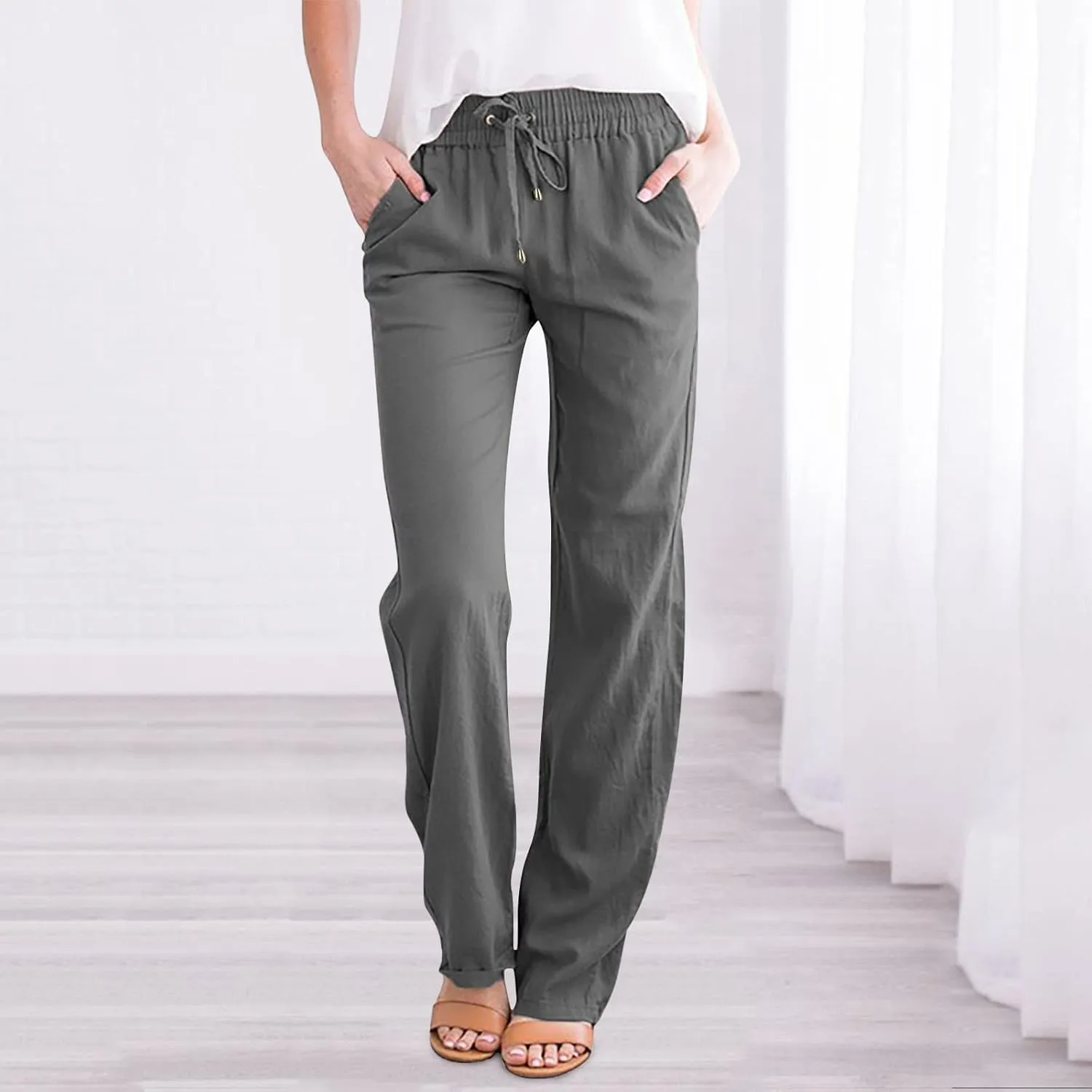 Women's Cotton Linen Pants Straight Leg Solid Lightweight Lounge Pant Casual Baggy Comfy Summer Trousers with Pockets