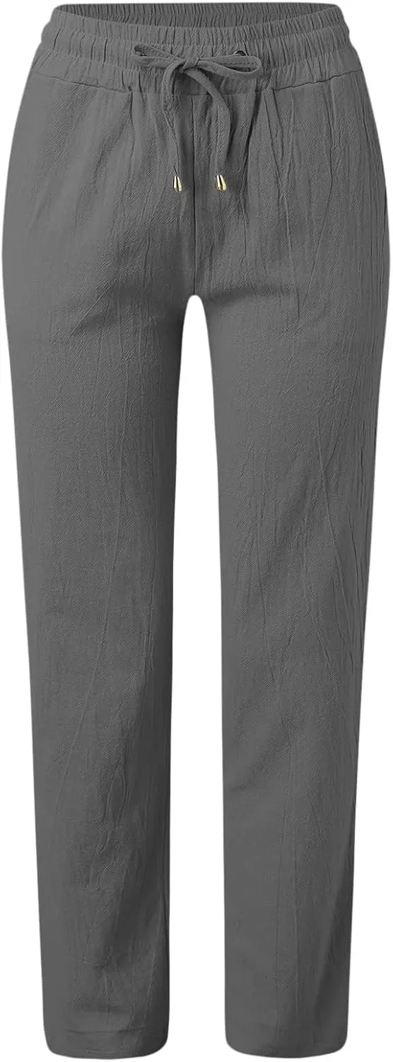 Women's Cotton Linen Pants Straight Leg Solid Lightweight Lounge Pant Casual Baggy Comfy Summer Trousers with Pockets