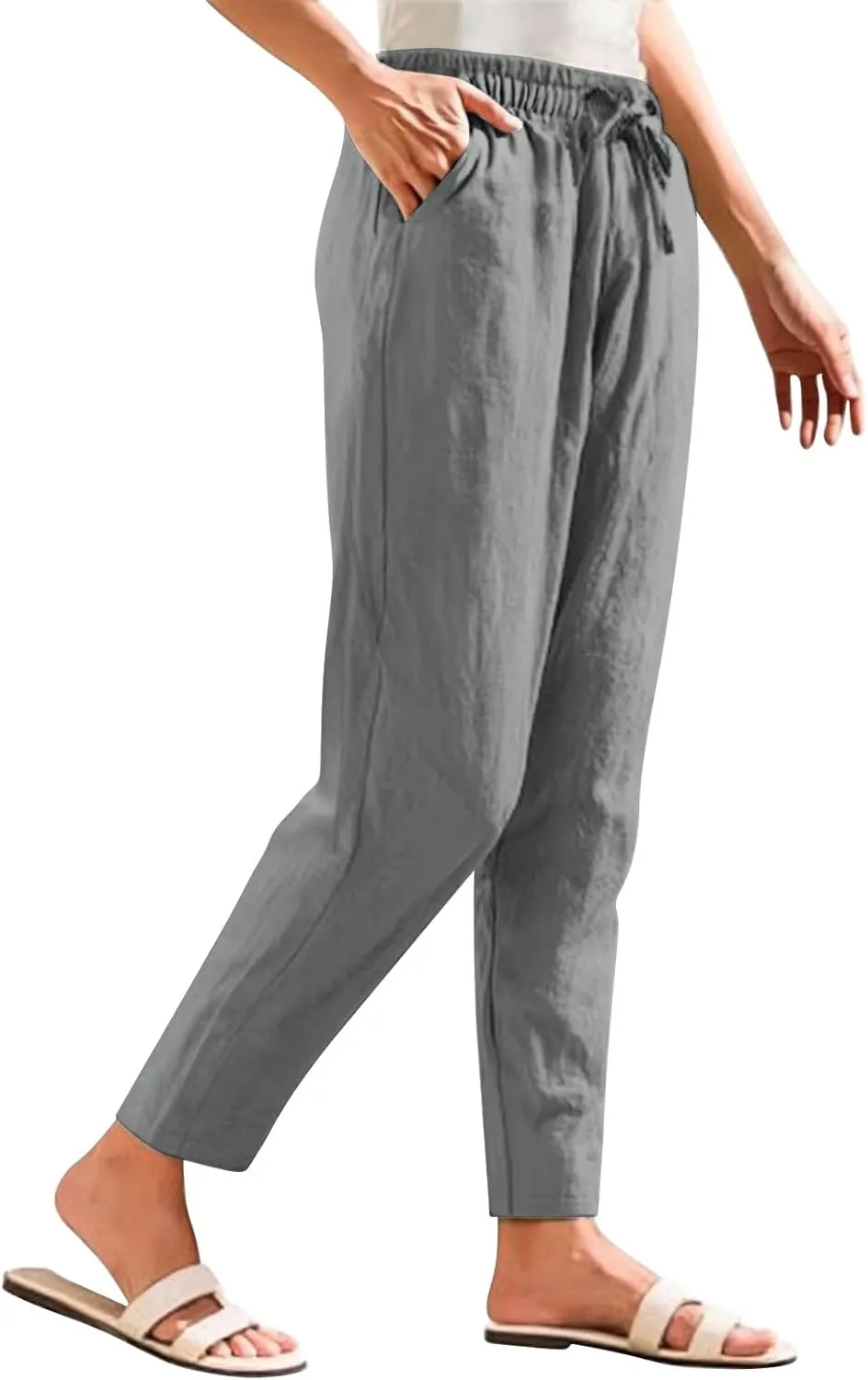 Womens Cotton Linen Straight Leg Pants Elastic Waist Drawstring Casual Trousers with Pockets Summer Beach Lounge Pant
