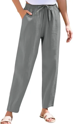 Womens Cotton Linen Straight Leg Pants Elastic Waist Drawstring Casual Trousers with Pockets Summer Beach Lounge Pant