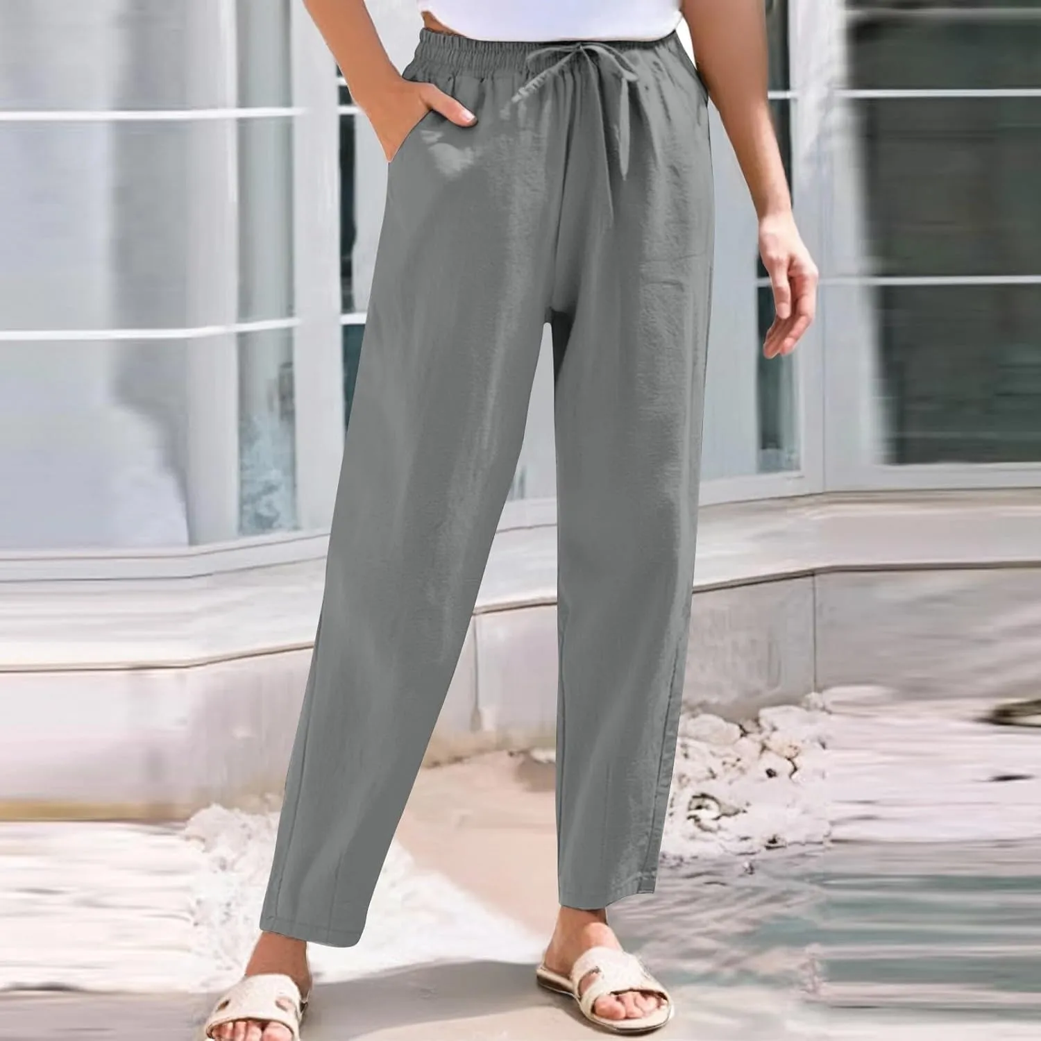 Womens Cotton Linen Straight Leg Pants Elastic Waist Drawstring Casual Trousers with Pockets Summer Beach Lounge Pant