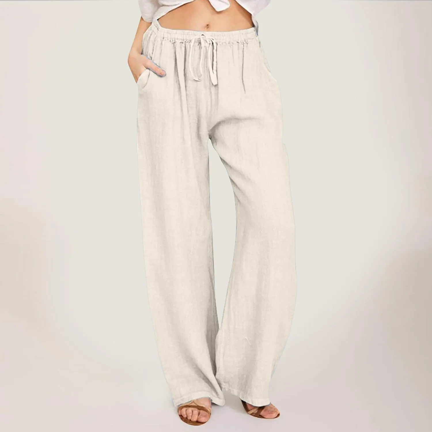 Women's Cotton Linen Summer Flowy Palazzo Lounge Pants Low Waist Ankle Length Loose Fit Palazzo Pants Work Business