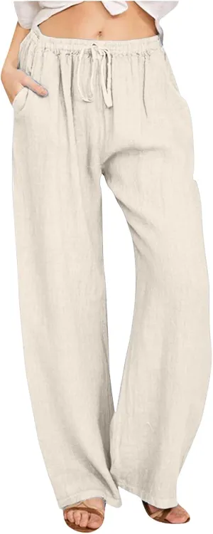 Women's Cotton Linen Summer Flowy Palazzo Lounge Pants Low Waist Ankle Length Loose Fit Palazzo Pants Work Business