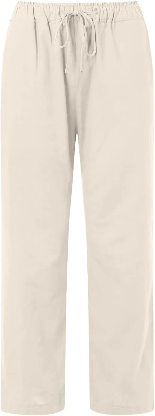 Women's Cotton Linen Summer Flowy Palazzo Lounge Pants Low Waist Ankle Length Loose Fit Palazzo Pants Work Business