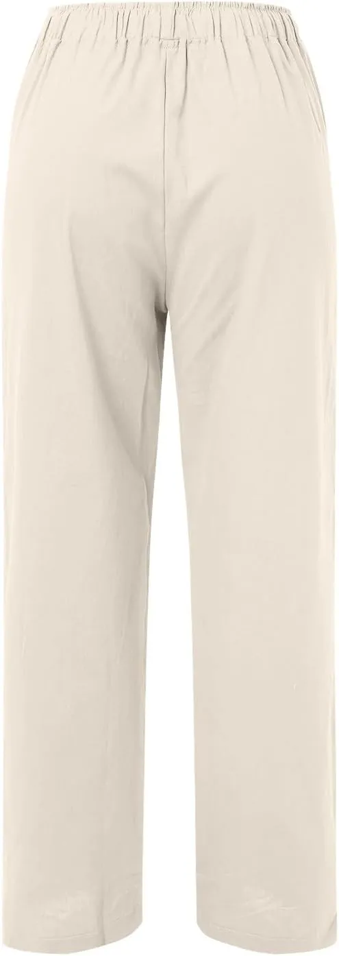 Women's Cotton Linen Summer Flowy Palazzo Lounge Pants Low Waist Ankle Length Loose Fit Palazzo Pants Work Business