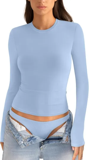 Womens Cotton Long Sleeve Shirts Crew Neck Slim Fit Basic Going Out Crop Outfits for Spring Fall 2025