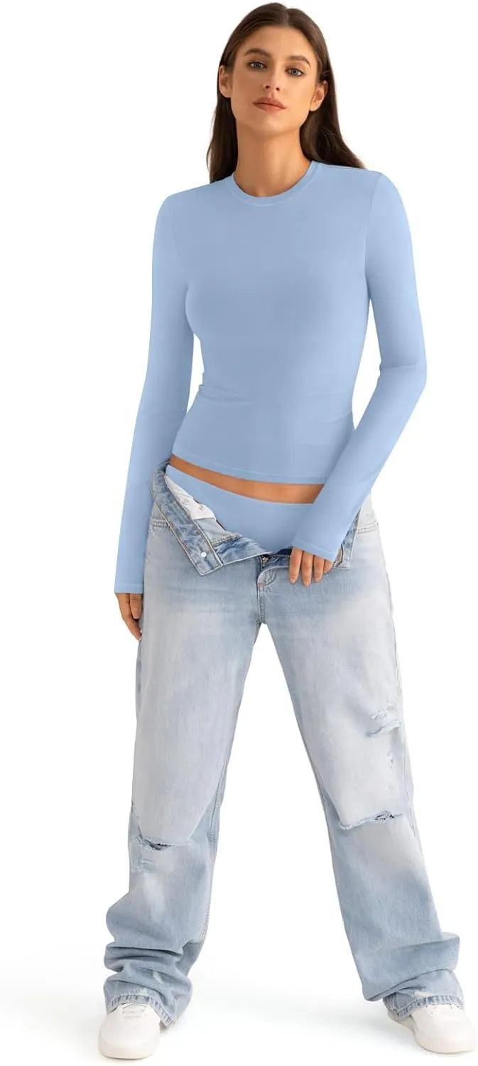 Womens Cotton Long Sleeve Shirts Crew Neck Slim Fit Basic Going Out Crop Outfits for Spring Fall 2025