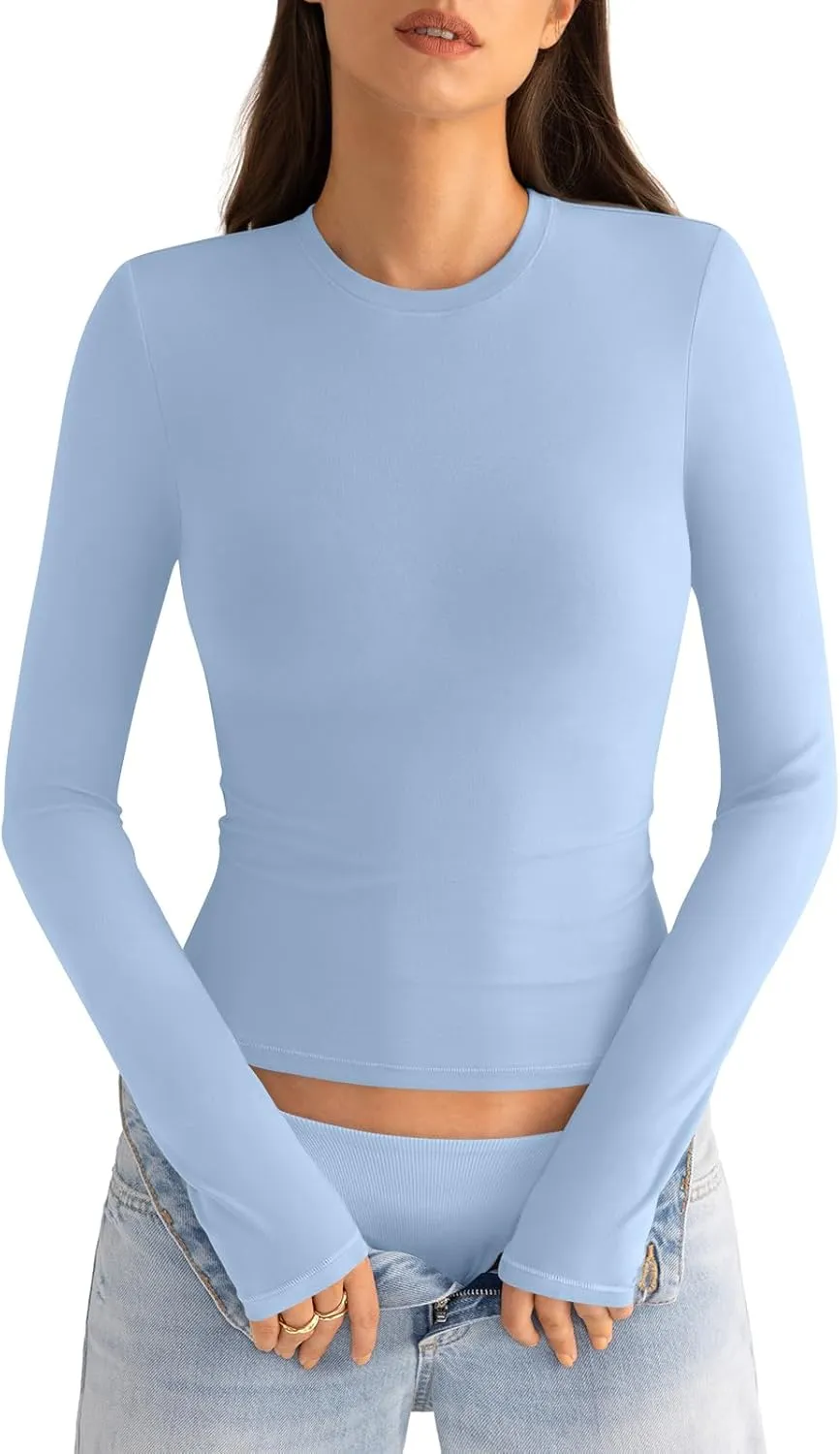 Womens Cotton Long Sleeve Shirts Crew Neck Slim Fit Basic Going Out Crop Outfits for Spring Fall 2025
