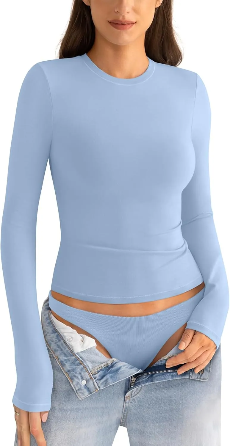 Womens Cotton Long Sleeve Shirts Crew Neck Slim Fit Basic Going Out Crop Outfits for Spring Fall 2025