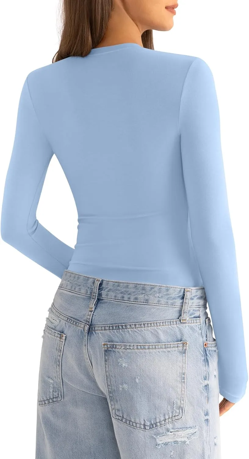 Womens Cotton Long Sleeve Shirts Crew Neck Slim Fit Basic Going Out Crop Outfits for Spring Fall 2025