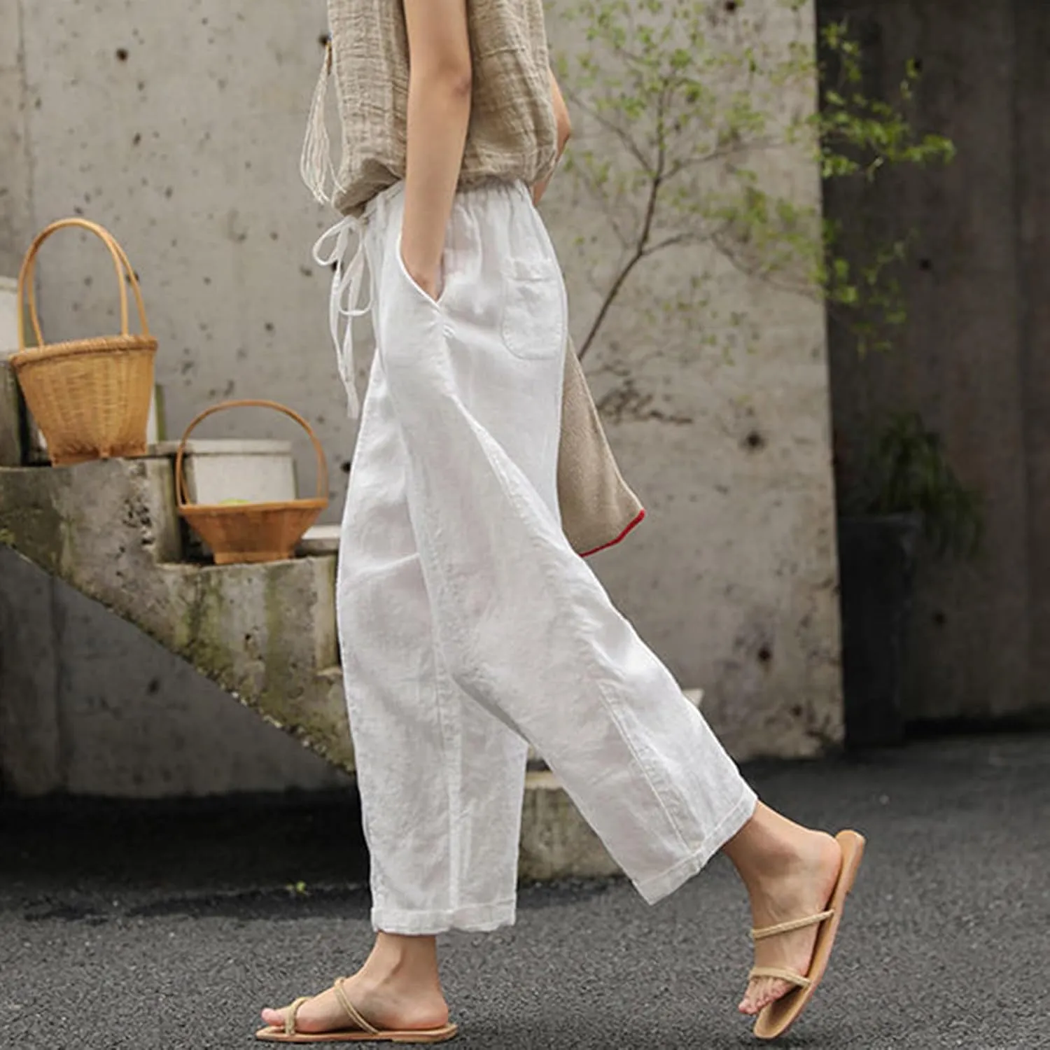 Womens Cropped Cotton Linen Pants Loose Fit Casual Summer Pants Elastic Waist Palazzo Straight Leg Beach Trousers