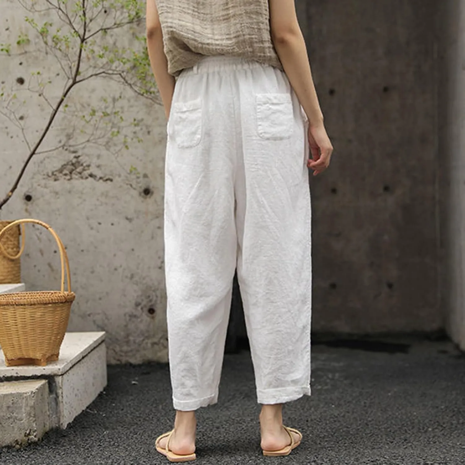 Womens Cropped Cotton Linen Pants Loose Fit Casual Summer Pants Elastic Waist Palazzo Straight Leg Beach Trousers