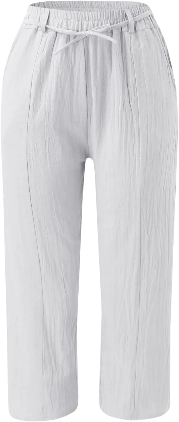 Womens Cropped Cotton Linen Pants Loose Fit Casual Summer Pants Elastic Waist Palazzo Straight Leg Beach Trousers