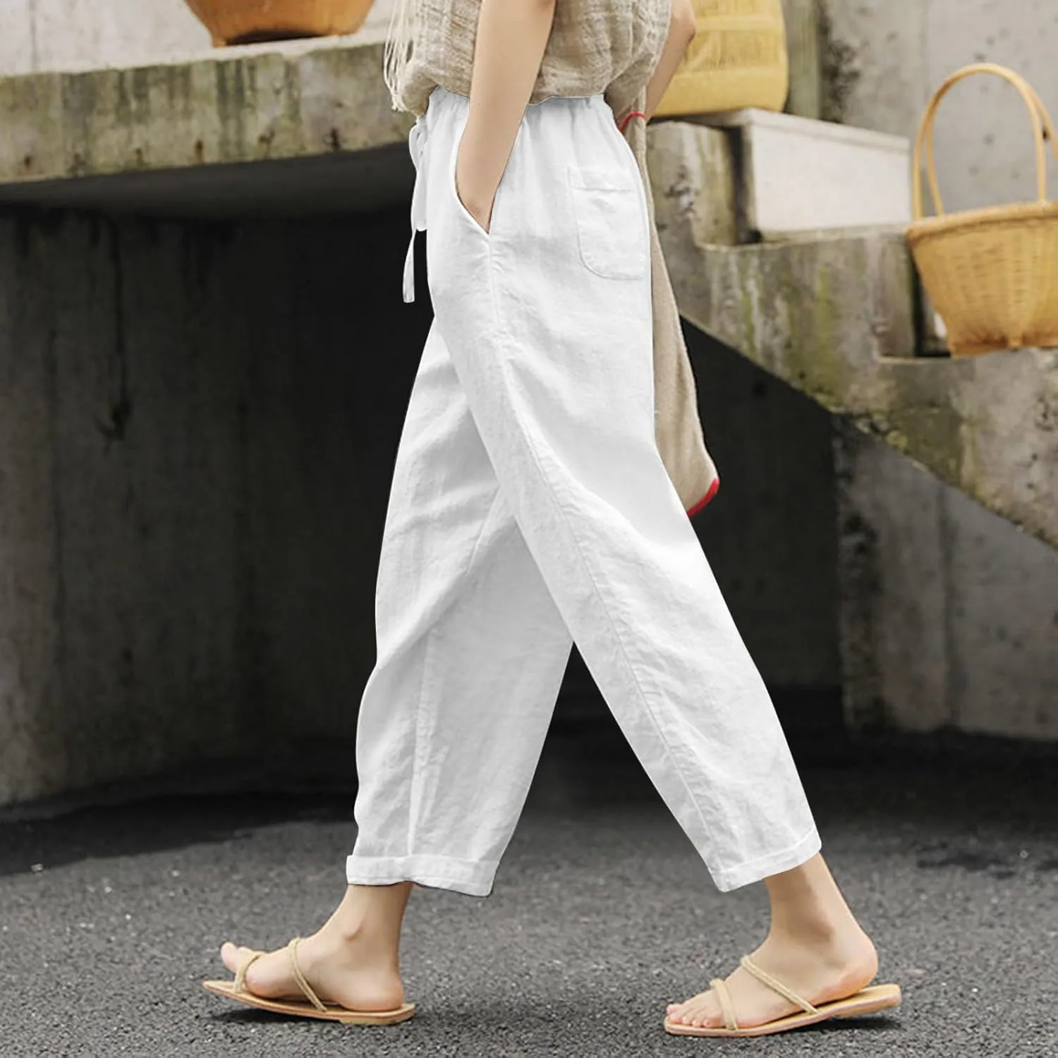 Womens Cropped Cotton Linen Pants Loose Fit Casual Summer Pants Elastic Waist Palazzo Straight Leg Beach Trousers