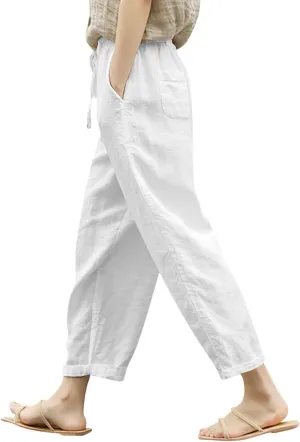 Womens Cropped Cotton Linen Pants Loose Fit Casual Summer Pants Elastic Waist Palazzo Straight Leg Beach Trousers