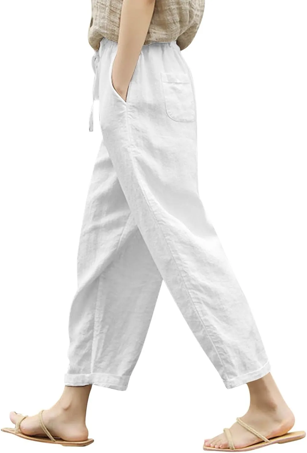 Womens Cropped Cotton Linen Pants Loose Fit Casual Summer Pants Elastic Waist Palazzo Straight Leg Beach Trousers
