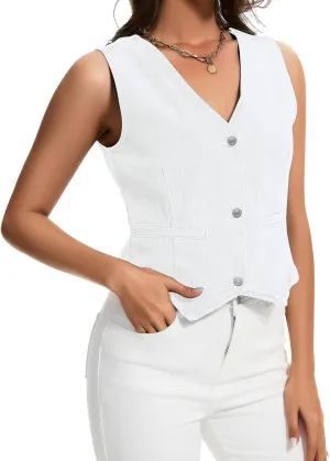 Womens Denim Vest Sleeveless V Neck Button Down Jean Jacket Y2K Summer Crop Tops
