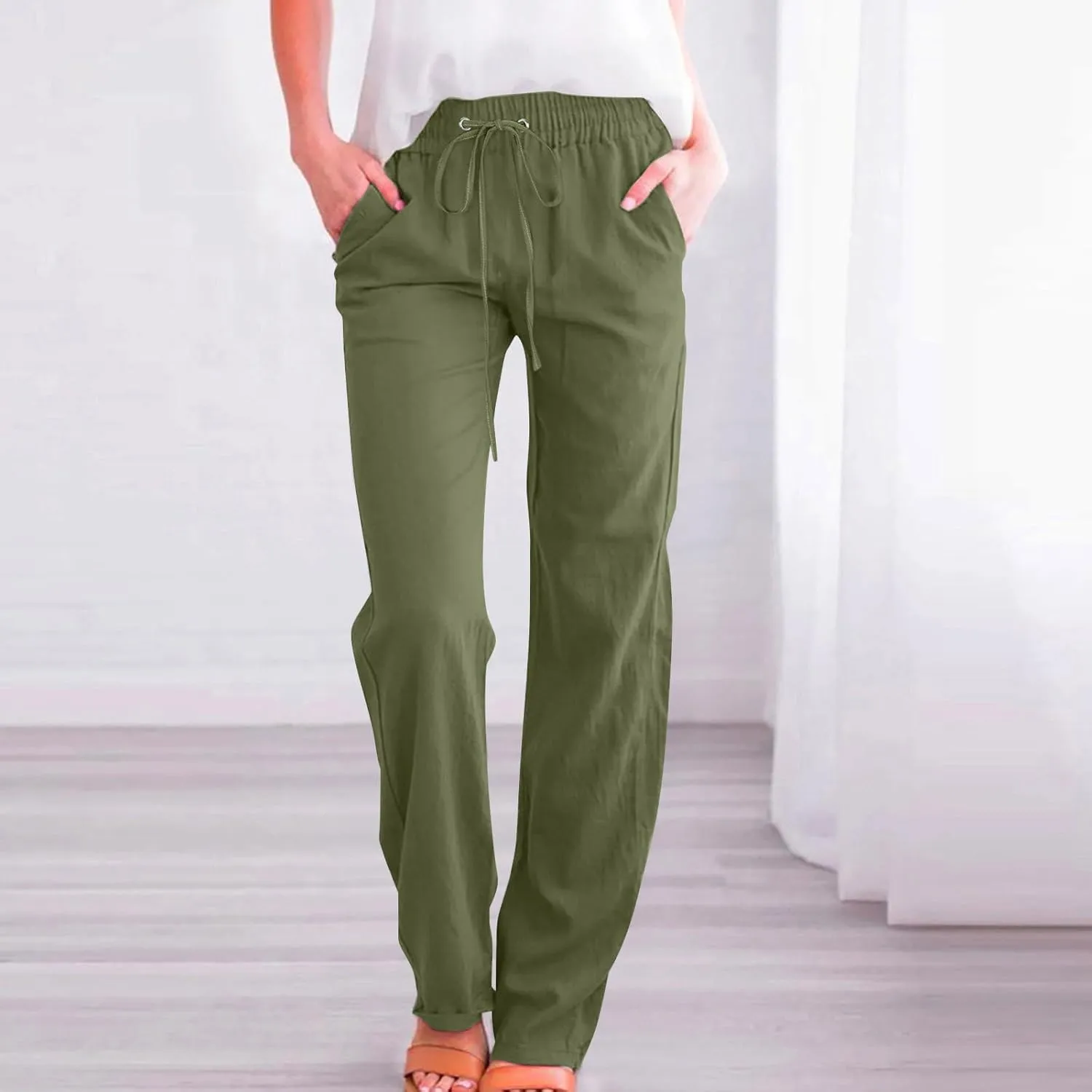 Womens Drawstring Cotton Linen Pants Solid Slim Fit Tapered Trousers Summer Beach Vacation Slacks 2025 Solid Outfits