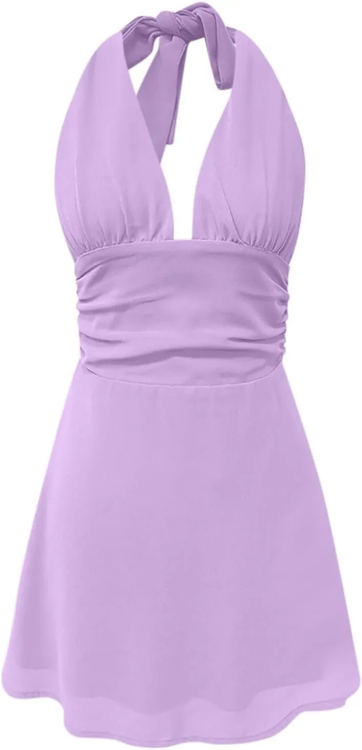 Womens Dresses Deep V Mini Dress Bow Tie Sleeveless Backless Ruched Flowy Wrap Ruffle Hem Summer Bodycon