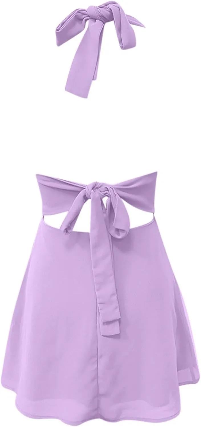 Womens Dresses Deep V Mini Dress Bow Tie Sleeveless Backless Ruched Flowy Wrap Ruffle Hem Summer Bodycon