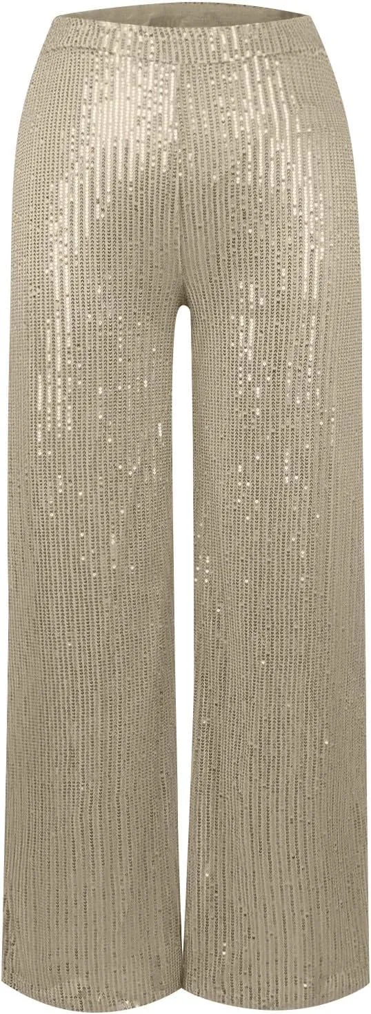 Women's Dressy Fashion Casual Solid Color High Waist Sequin Side Zipper Draped Wide Leg Loose Fit Pants