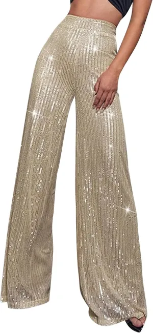 Women's Dressy Fashion Casual Solid Color High Waist Sequin Side Zipper Draped Wide Leg Loose Fit Pants