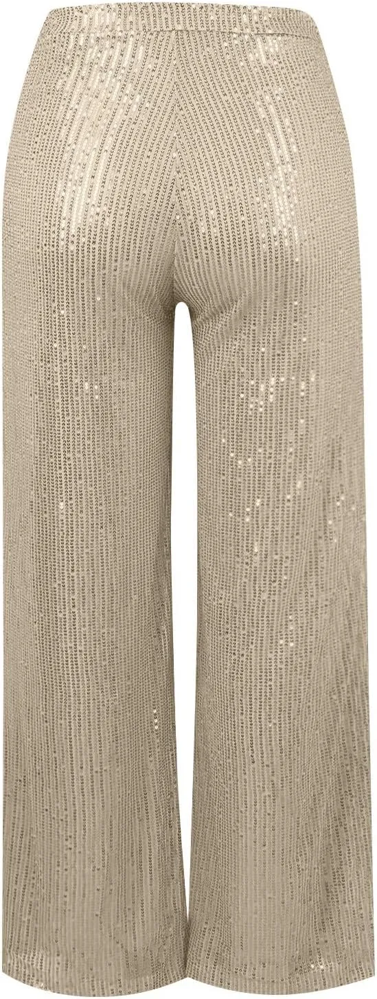 Women's Dressy Fashion Casual Solid Color High Waist Sequin Side Zipper Draped Wide Leg Loose Fit Pants