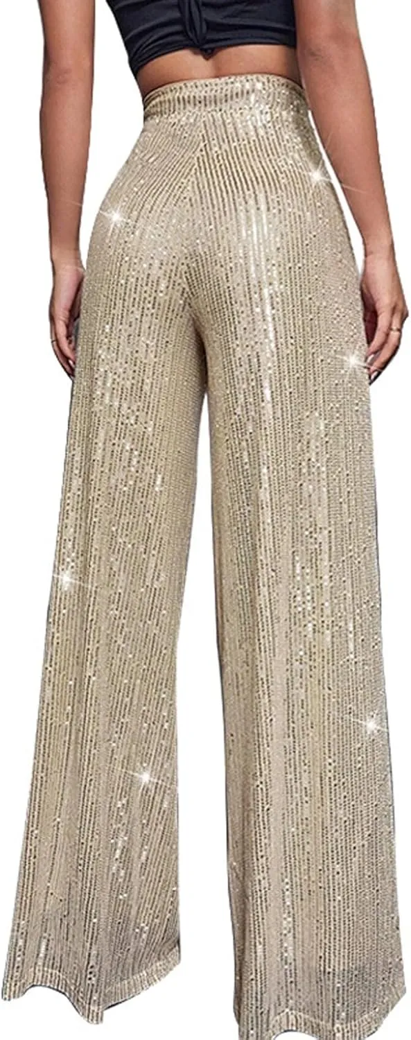 Women's Dressy Fashion Casual Solid Color High Waist Sequin Side Zipper Draped Wide Leg Loose Fit Pants