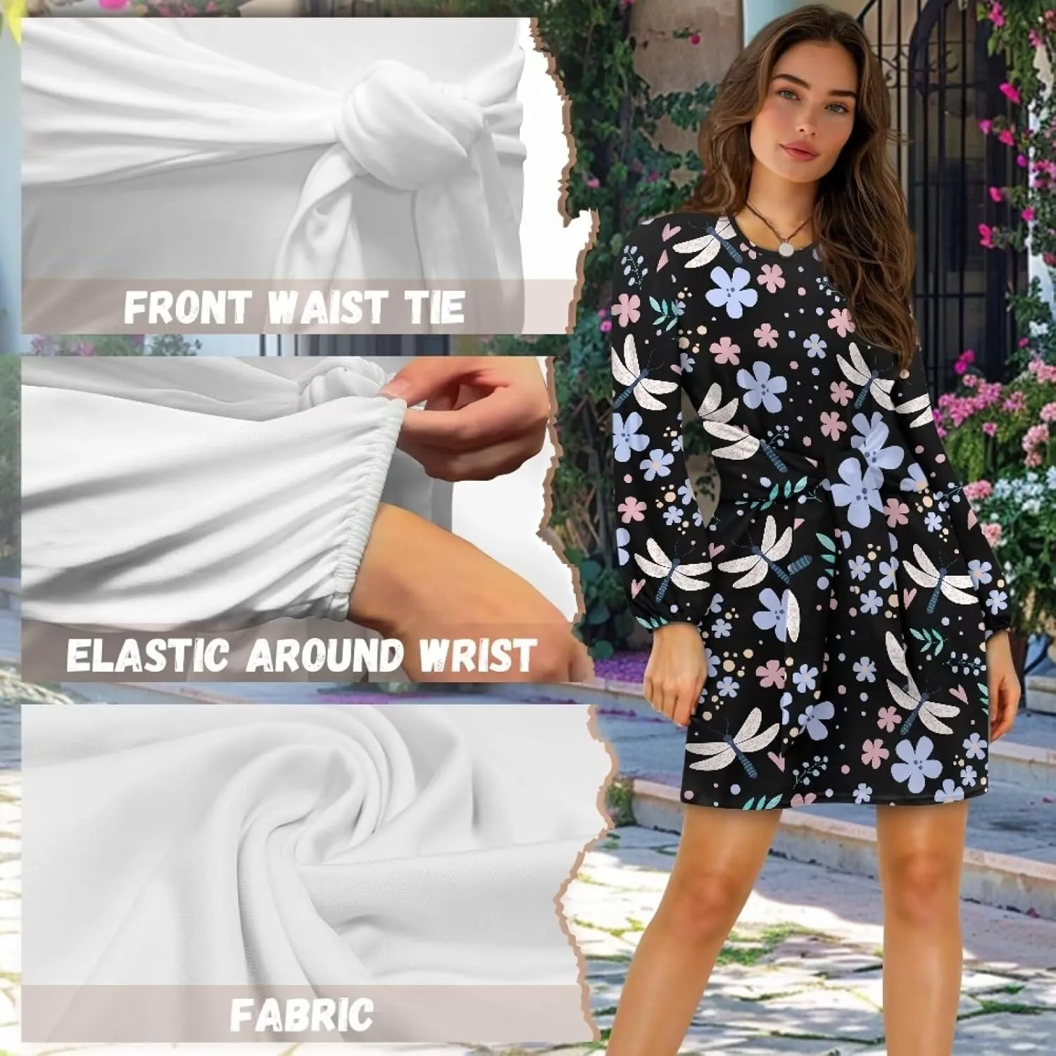 Womens Elegant Long Sleeve Dress Crewneck Tie Waist Ruched Mini Dresses Spring Summer A Line Outfits Casual Shirts