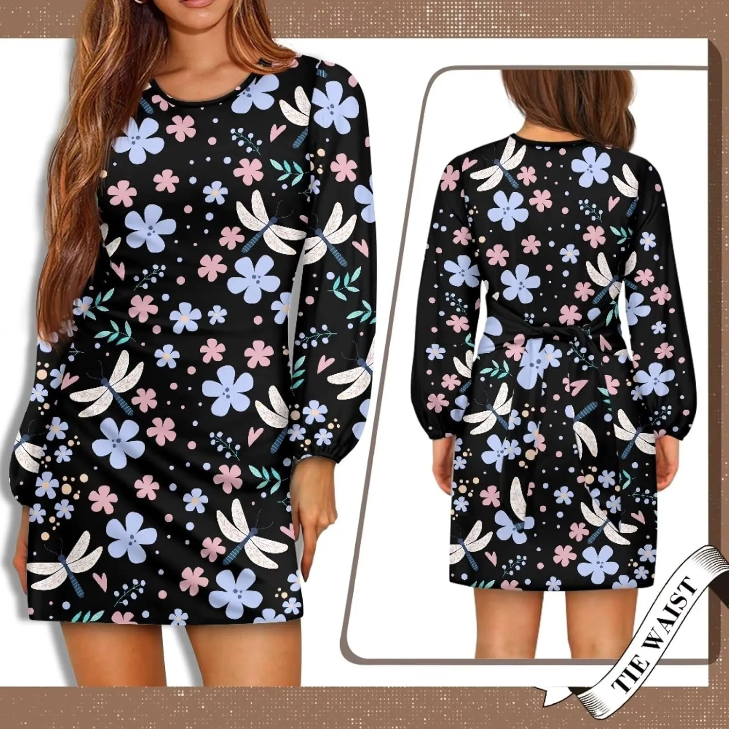 Womens Elegant Long Sleeve Dress Crewneck Tie Waist Ruched Mini Dresses Spring Summer A Line Outfits Casual Shirts